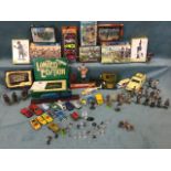 Miscellaneous toy soldiers, some lead, boxed kit sets, handpainted, etc; two novelty cast iron money