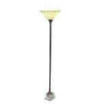 An art deco style standard lamp with scalloped leaded glass shade on ribbed faux brass column, above