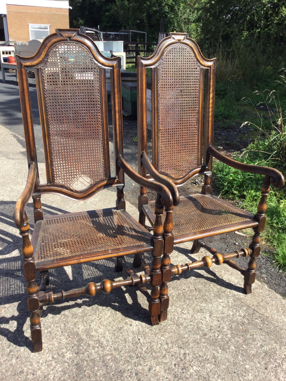 A pair of Queen Anne style side chairs, the backs with arched cushion moulded frames around cane - Image 3 of 3