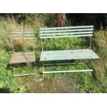 A folding painted metal garden bench & chair, the slatted backs and seats on iron cross-frames. (2)