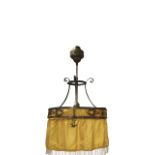 An Edwardian brass rise-and-fall hanging light fitting, the circular ring with beaded fringe