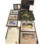 Miscellaneous pictures including a shield shaped scrolled framed still life, a pair of gilt photo