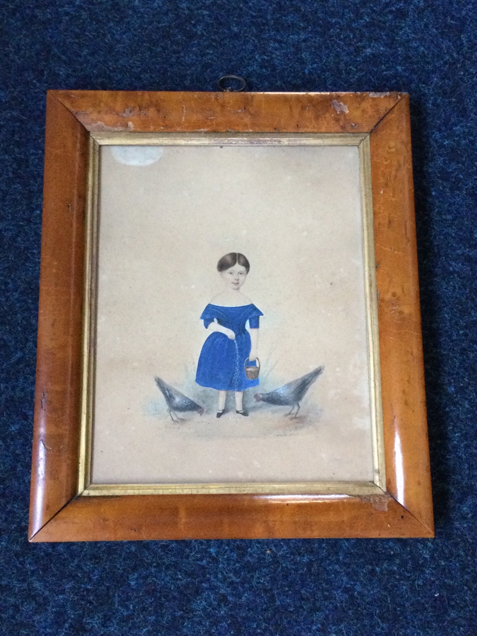 J Wood, watercolour, naive Victorian study of a little girl in blue dress with chickens, signed &