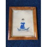 J Wood, watercolour, naive Victorian study of a little girl in blue dress with chickens, signed &