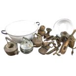 Miscellaneous items including two Victorian copper kettles, a heavy cast iron, wood wheels, tools,