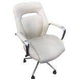 A contemporary leather executive upholstered office chair with adjustable back & seat having chromed
