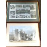 A Victorian hand-coloured print of Alnwick Castle, framed by vignettes of surrounding landmarks,