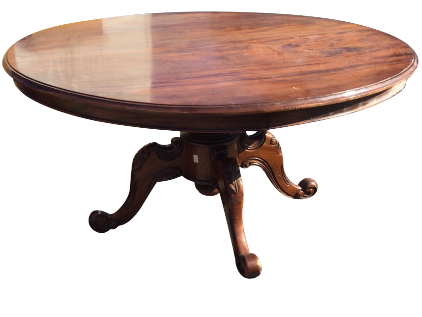 A large circular Victorian mahogany breakfast table, the moulded top supported on bulbous turned