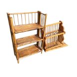 A folding set of bamboo shelves with three platforms; and a bespoke pine draining board rack, made