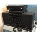 A JVC sound system with CD player, tuner, remote, cassette deck, record player, speakers,