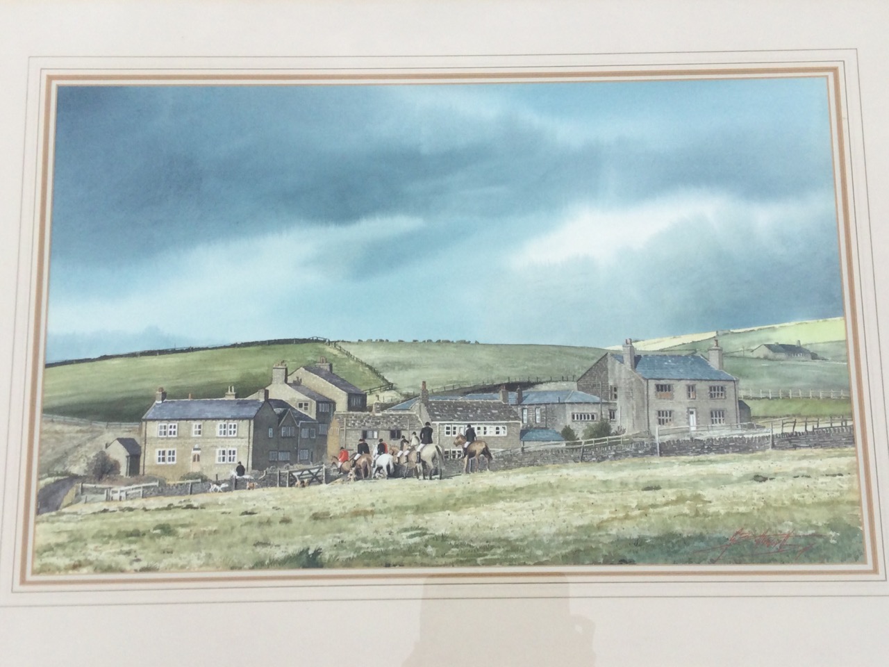 Geoff Butterworth, watercolour, village landscape with mounted hunt, signed, enscribed to label