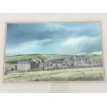 Geoff Butterworth, watercolour, village landscape with mounted hunt, signed, enscribed to label