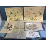 Five nineteenth century Japanese pen & brushwork drawings on fine paper depicting figures & children