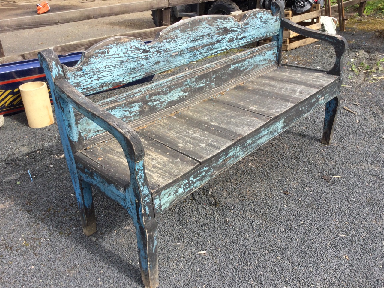 A painted bench seat with shaped moulded back and downswept arms framing a plank seat, raised on - Image 2 of 3