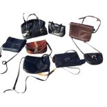 A collection of miscellaneous leather ladies bags - cartridge type, silk clutch with brass mounts,