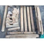Various pieces of wood from a pine pew, rails, six chamfered supports, shaped ends ?, etc. (A lot)