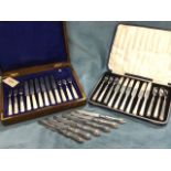 An oak cased hallmarked silver desert set with mother-of-pearl handles - Sheffield; another six-