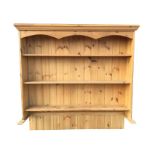 A pine delft rack with moulded cornice above a shaped apron and three open shelves, having