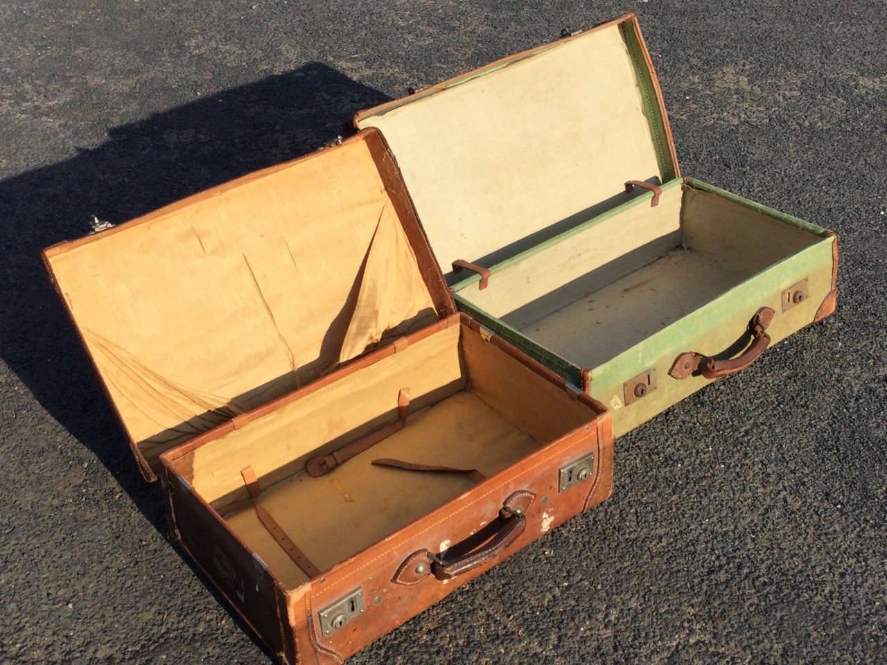 An Edwardian lined hand-stitched leather suitcase with chrome mounts; and a 1943 army canvas - Image 3 of 3