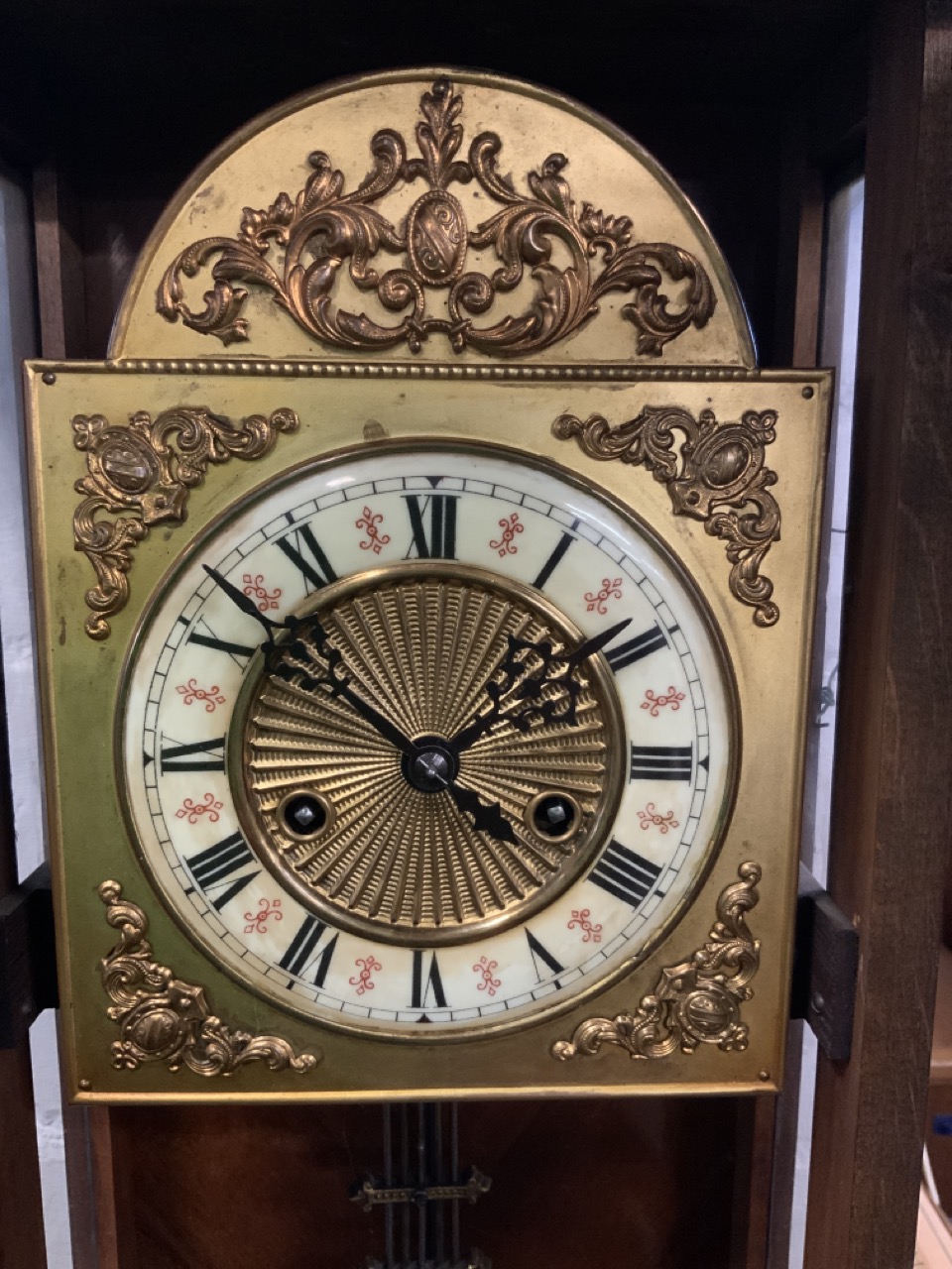 A Victorian walnut Vienna wallclock with arched carved crest flanked by turned finials having - Image 2 of 3