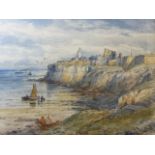 John Davidson Liddell, pencil and watercolour, Tynemouth cliffs with figures on foreshore with boat,