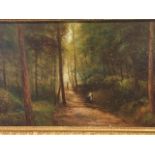 John Smith Williamson, oil on canvas, landscape with figures and path through wood, titled to