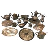 Miscellaneous silver plate and pewter including a Victorian three-piece teaset, tureens & covers,