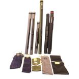 Five Hardy cloth rod sleeves; an six miscellaneous fishing rod tubes - Greys, Shakespeare, etc. (