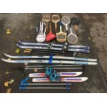 Six vintage tennis rackets and, two squash rackets, - some with presses and covers; a pair of childs