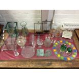 Miscellaneous glass including platters, vases, art glass, mats, a pair of tankards, a cut glass