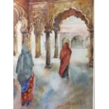 Araceli Booth, pencil & watercolour, two cloaked women in moorish building with pillars, signed,