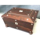 A Victorian rosewood sewing box with bead framed tablet to hinged lid, inlaid with mother-of-pearl