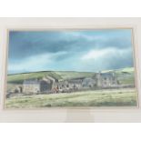 Geoff Butterworth, watercolour, village landscape with hunt, signed, enscribed to label verso