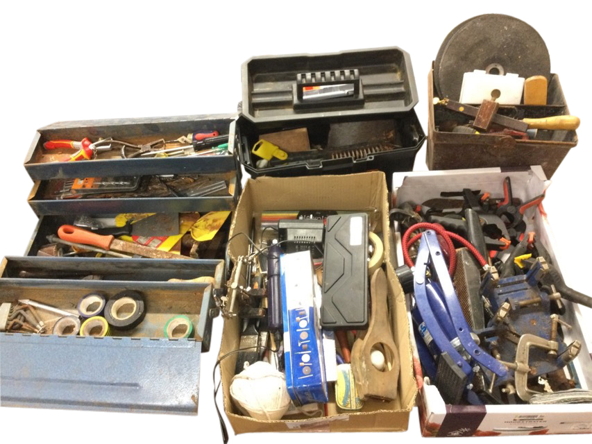 A concertina type toolbox full of miscellaneous tools - screwdrivers, tape, alun keys, pliers, drill