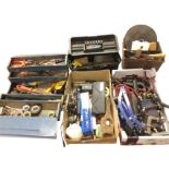A concertina type toolbox full of miscellaneous tools - screwdrivers, tape, alun keys, pliers, drill
