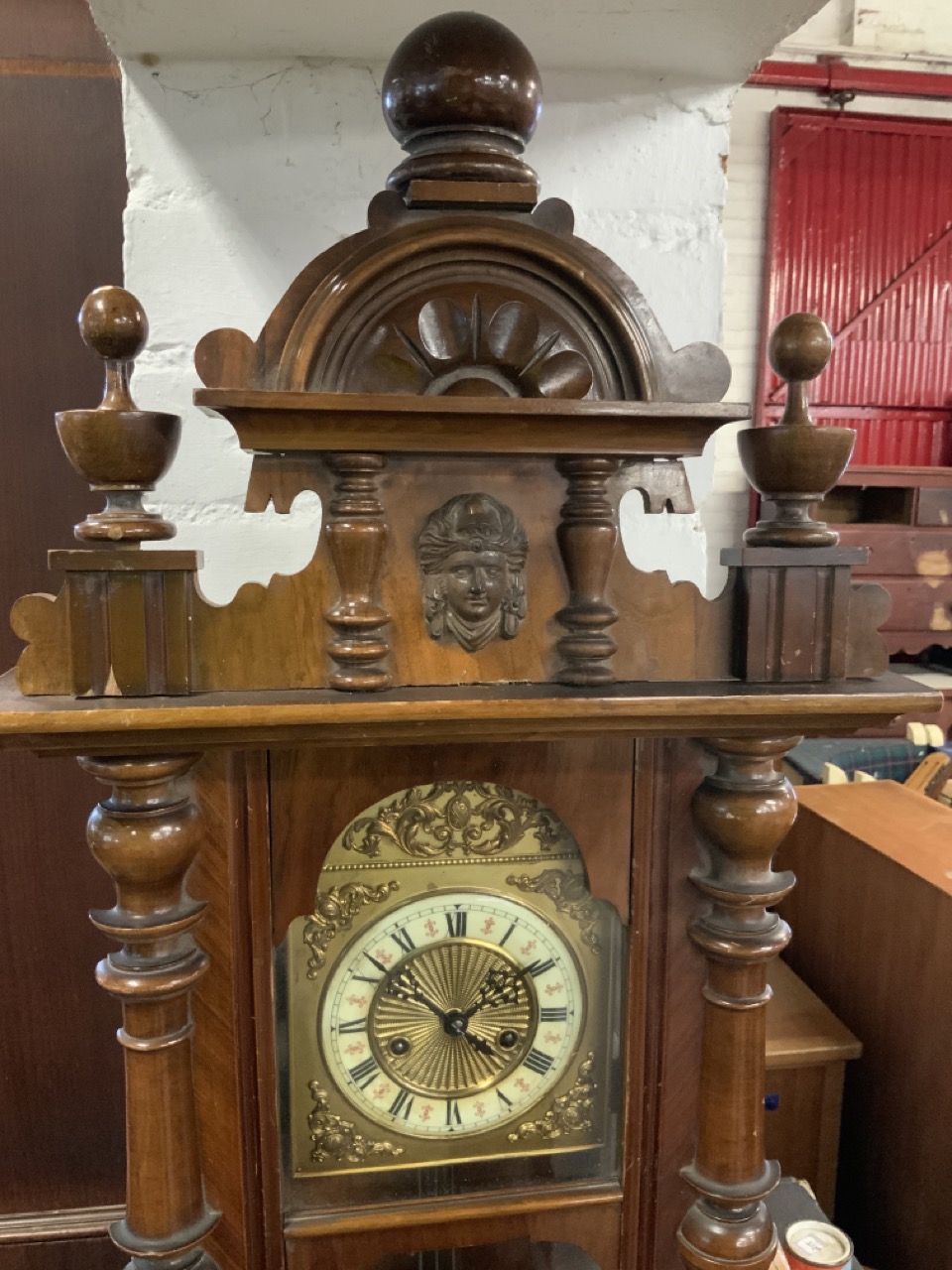 A Victorian walnut Vienna wallclock with arched carved crest flanked by turned finials having - Image 3 of 3