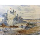 John Davidson Liddell, pencil & watercolour, Bamburgh Castle with figures below wall, signed,