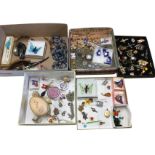 Miscellaneous jewellery including enamelled badges, hair clips, some silver, boxed Murano glass