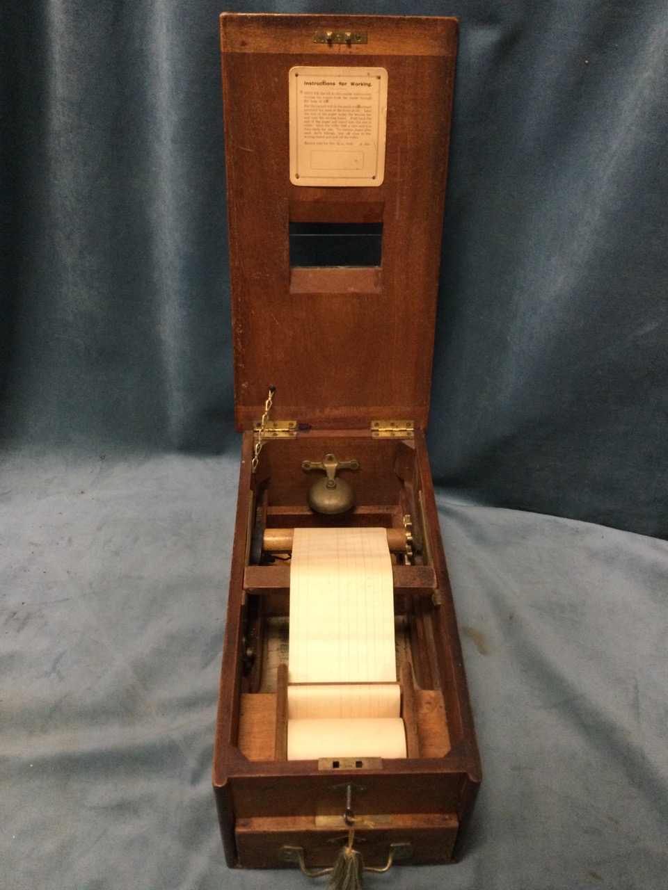 An old Edwardian till box with brass mounts, the interior with paper till roll above a fitted cash - Image 2 of 3