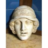 A Grecian style classical plaster wall plaque, the young head with embossed owls to helmet, having