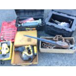 Miscellaneous tools including surveying levels, drill sets, spanners, hammers, general tools,