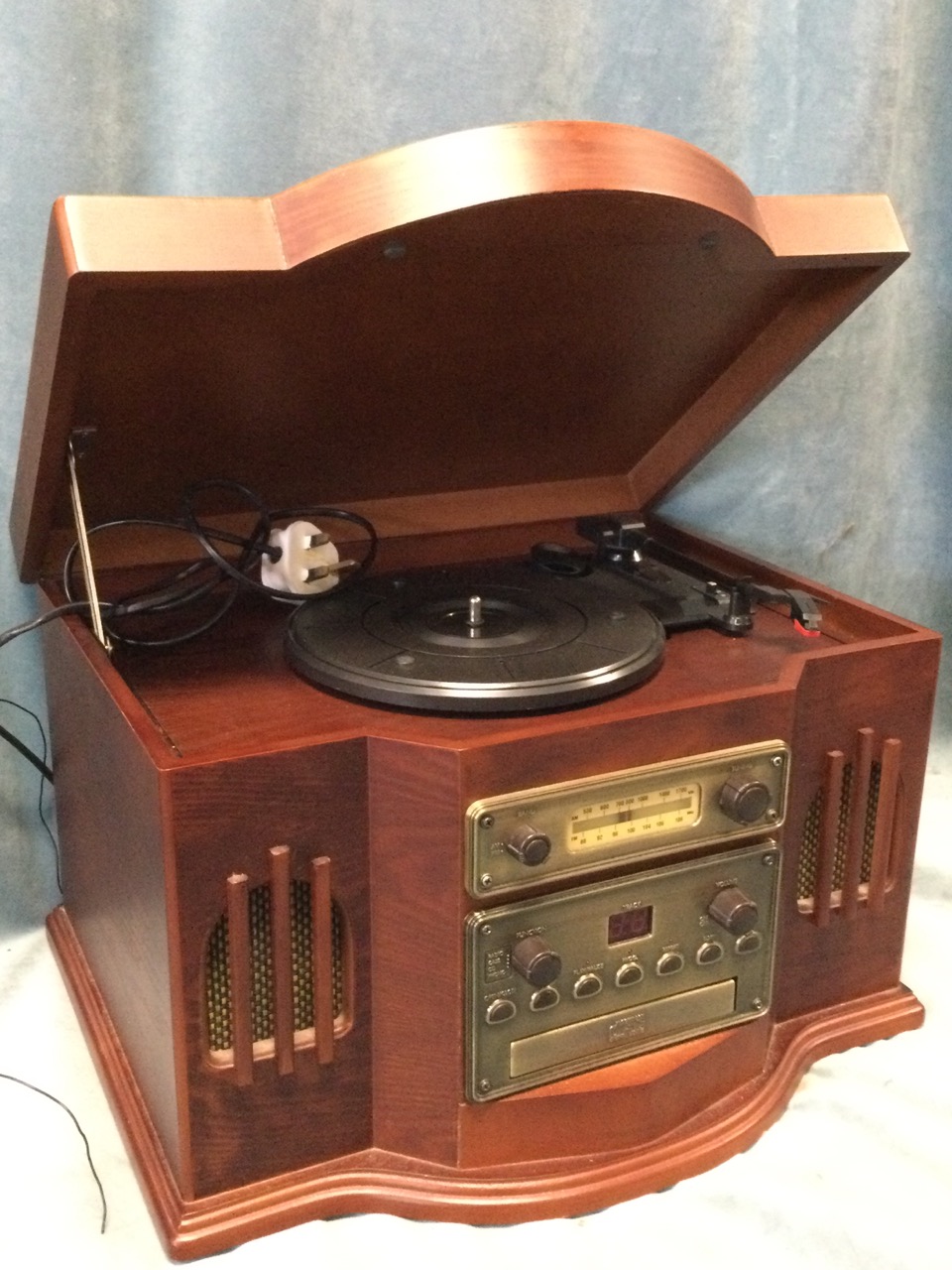 A vintage style gramophone, radio and CD player, in bowfronted stained cabinet - classic