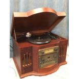 A vintage style gramophone, radio and CD player, in bowfronted stained cabinet - classic