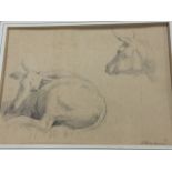 A nineteenth century pencil study of cows, signed & dated indistinctly, mounted & gilt framed. (7.