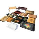 Seventeen miscellaneous rectangular trays - carved, oak, handpainted, tin, bed type with folding