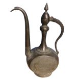 An ancient eastern bronze coffee pot with swan-neck spout to flask shaped body with engraved islamic