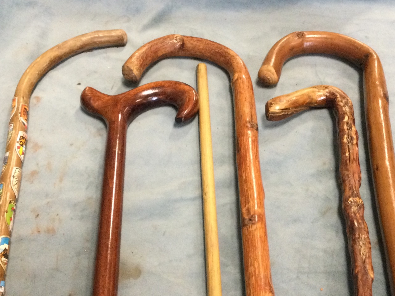 Five miscellaneous walking sticks - alpine, blackthorn, modern, etc.; and a wood gun cleaning rod