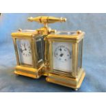 A miniature brass carriage clock & barometer, the twin cases with enamelled dials under bevelled