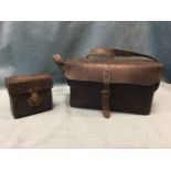 A rectangular miners leather box with shoulder strap - incised NCB; and a similar leather miners