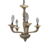 An Italian chandelier moulded in mushroom coloured glass with four branches holding saucers and